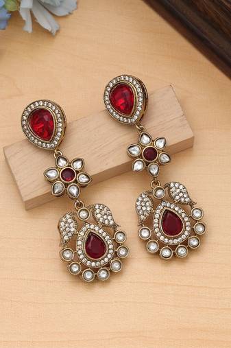 Red color american diamond earrings