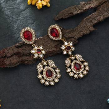 red designer stone brass dangle earrings 2