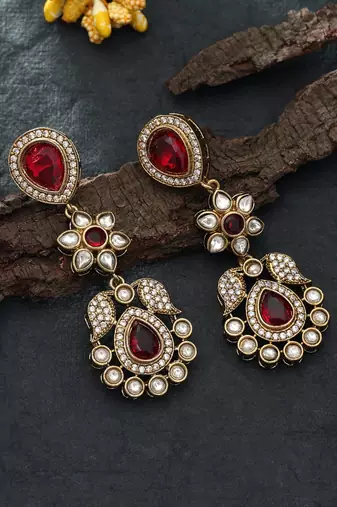 red designer stone brass dangle earrings