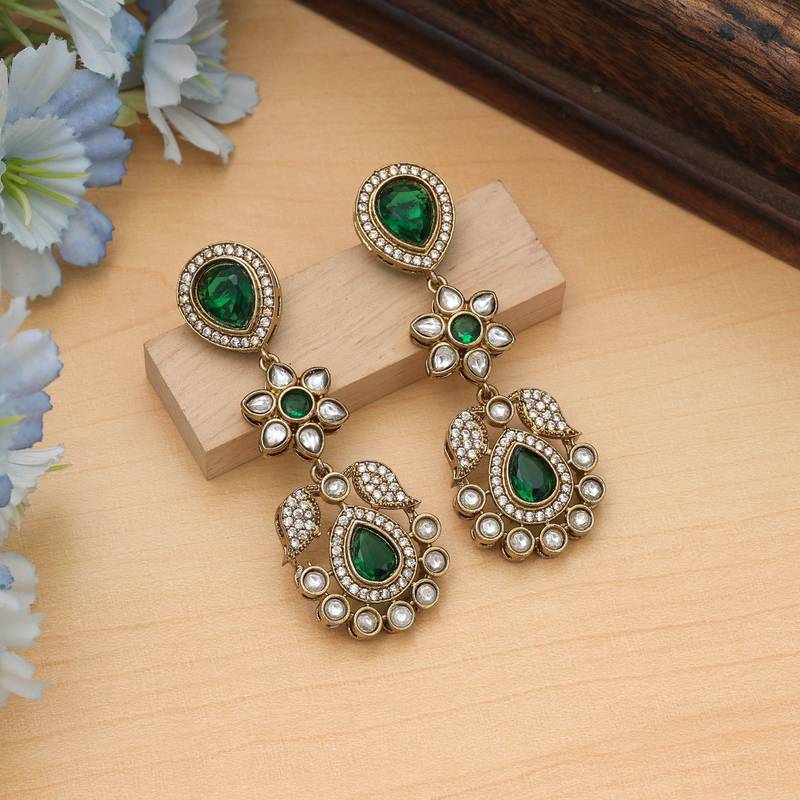 Green color american diamond earrings