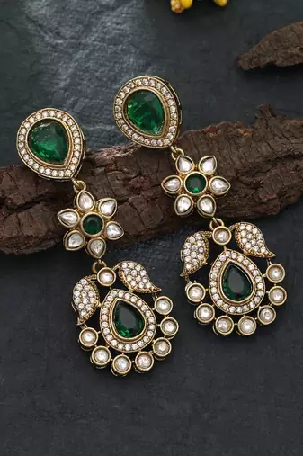 green stone work brass dangle earrings