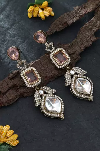 Pink color american diamond earrings