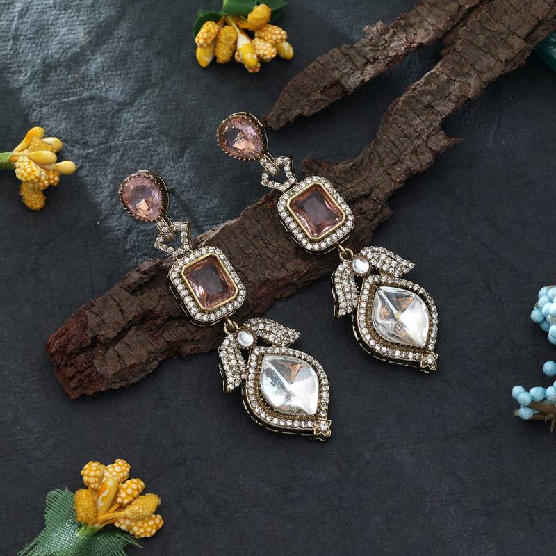 Pink color american diamond earrings