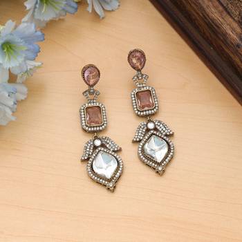 pink american diamond work brass dangle earrings 2