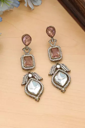 pink american diamond work brass dangle earrings