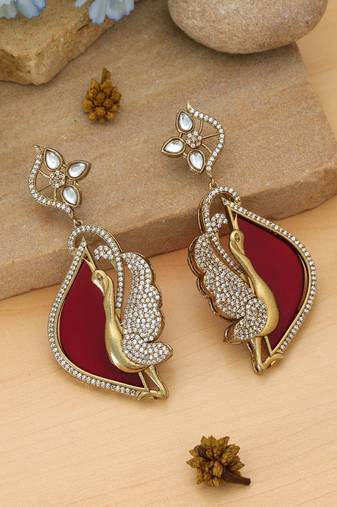 Red color american diamond earrings