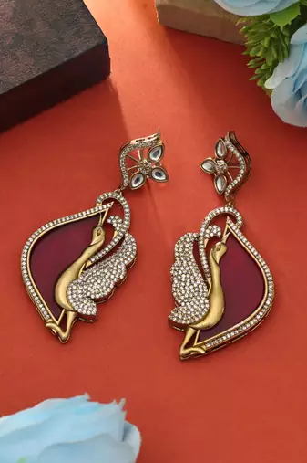 red american diamond work brass dangle earrings