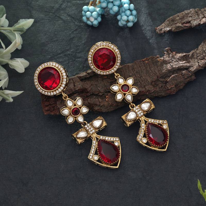 Red color american diamond earrings