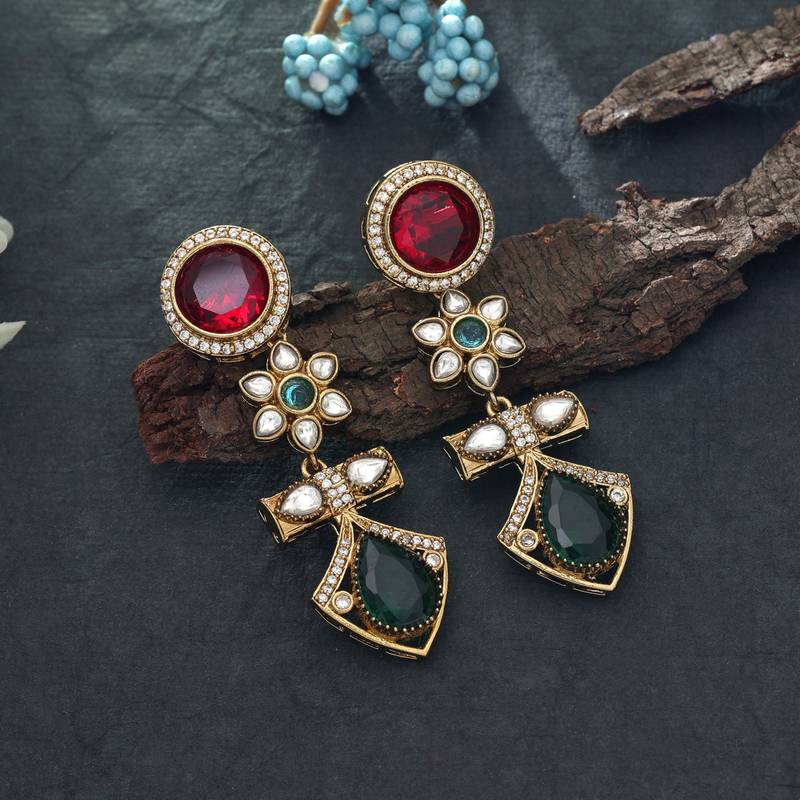 Red & green color american diamond earrings