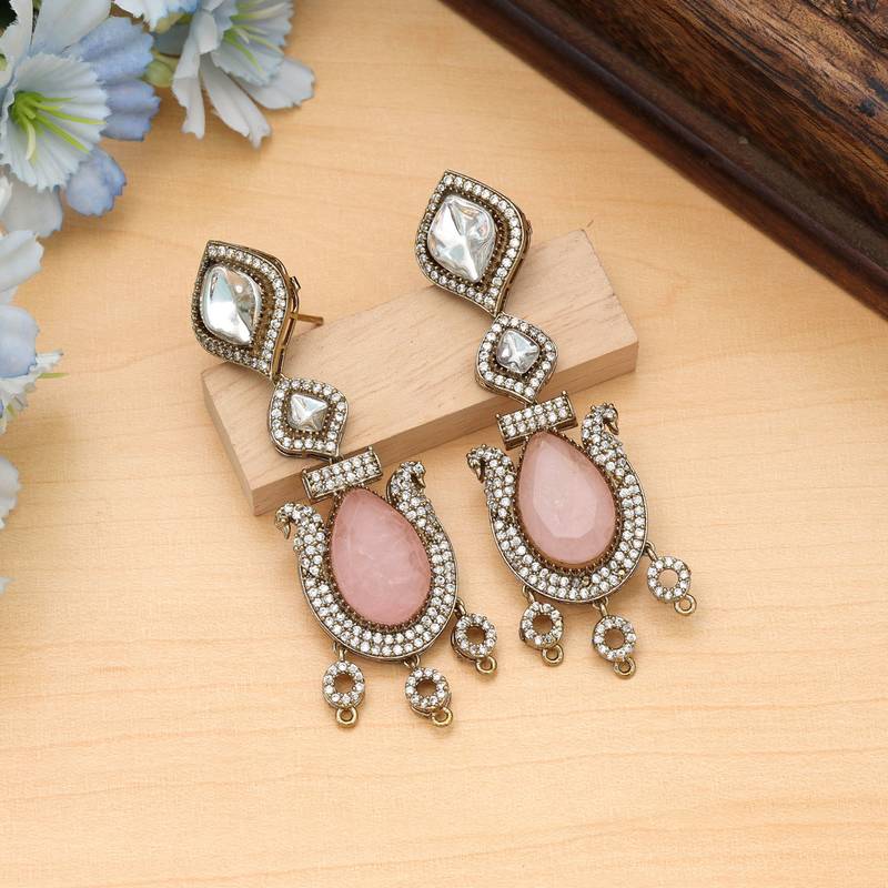 Pink color american diamond earrings