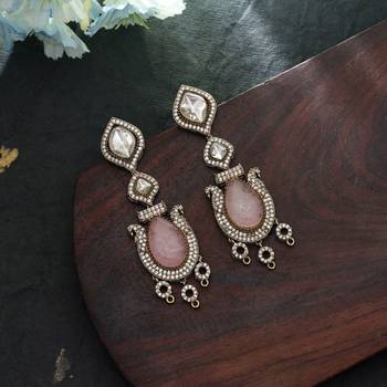 pink designer american diamond brass dangle earrings 2