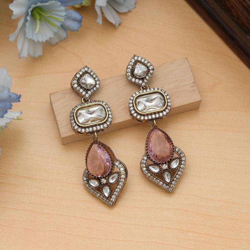 Pink color american diamond earrings
