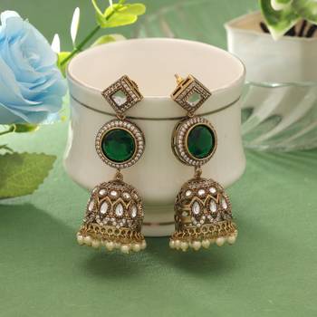 green american diamond work brass jhumka earrings 1