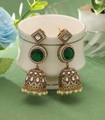 green american diamond work brass jhumka earrings