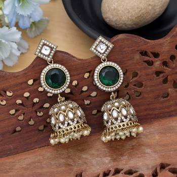 green american diamond work brass jhumka earrings 2