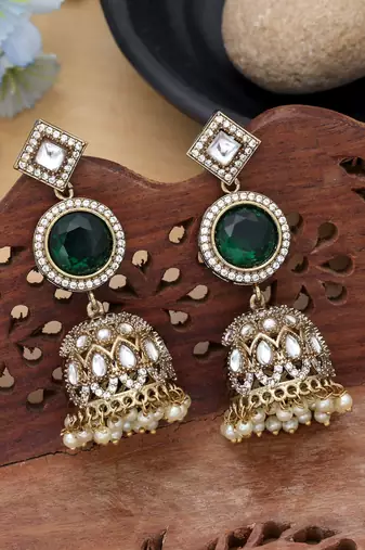 green american diamond work brass jhumka earrings