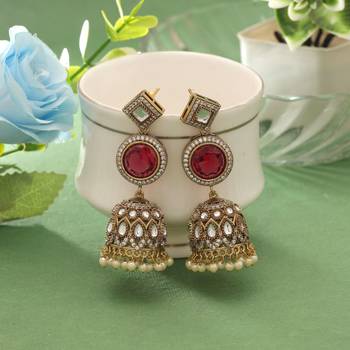 red american diamond brass jhumka earrings 1