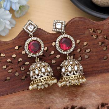red american diamond brass jhumka earrings 2