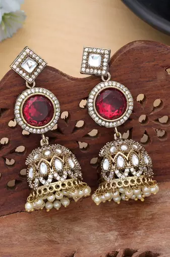 red american diamond brass jhumka earrings