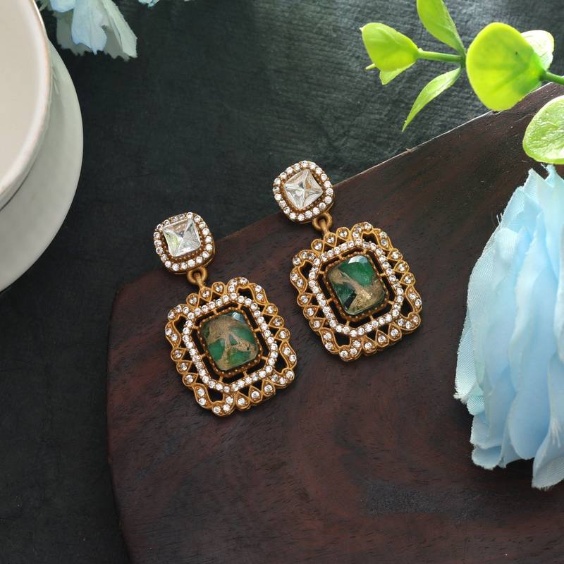 Green color american diamond earrings