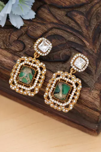 green american diamond work brass dangle earrings