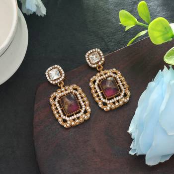 pink color american diamond brass dangle earrings 1