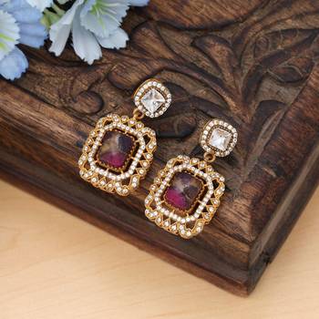 pink color american diamond brass dangle earrings 2