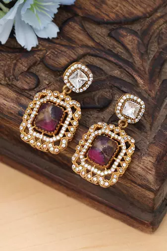 pink color american diamond brass dangle earrings