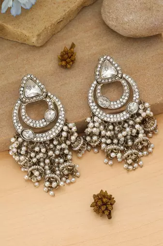 white kundan beaded brass dangle earrings