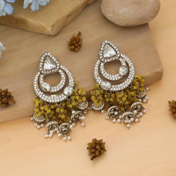 yellow kundan beaded brass dangle earrings 2