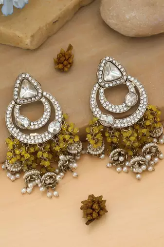 yellow kundan beaded brass dangle earrings