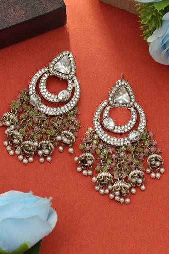 Pista green & pink color kundan earrings