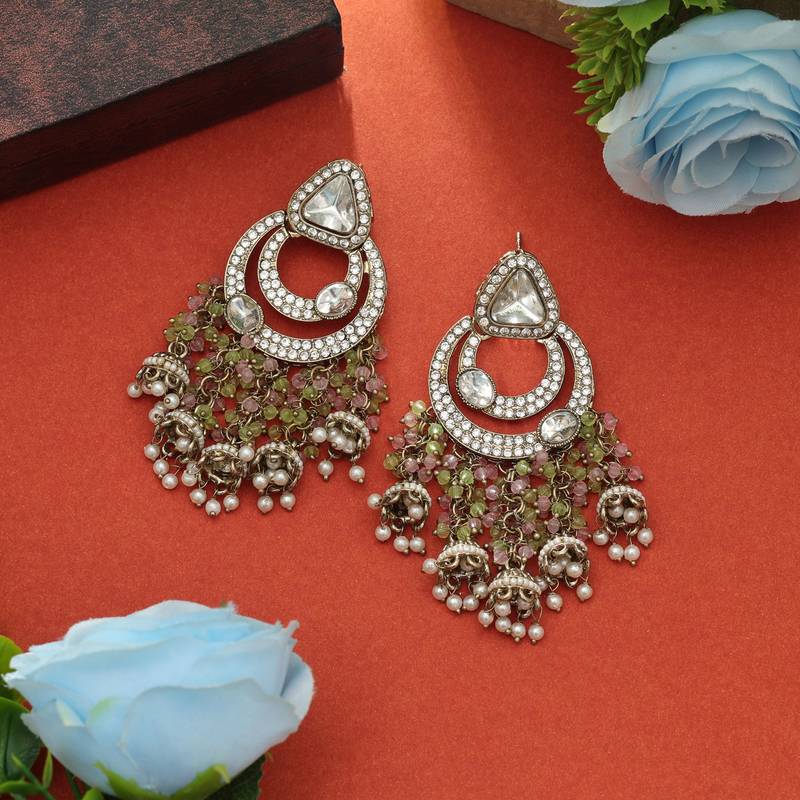 Pista green & pink color kundan earrings