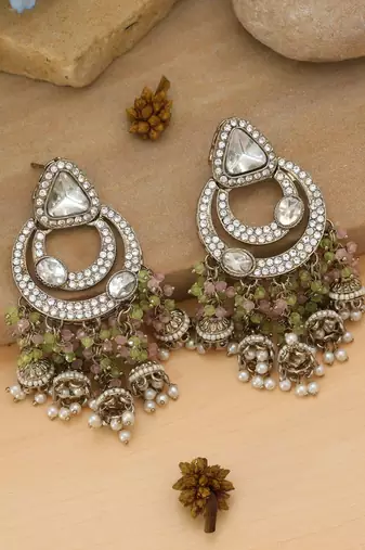 pista green pink kundan beaded dangle earrings
