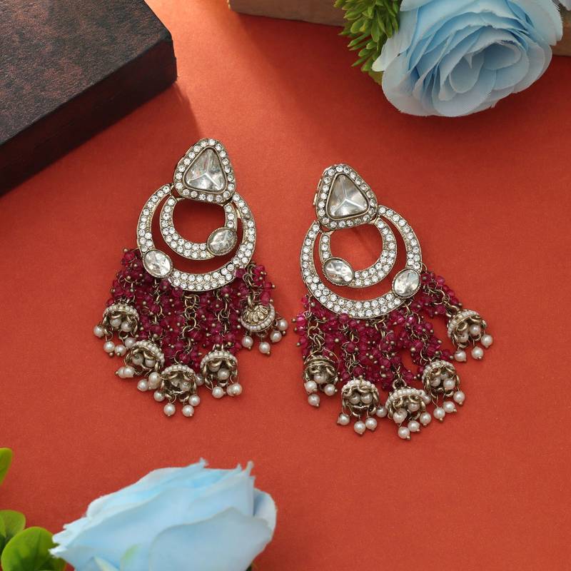 Magenta color kundan earrings