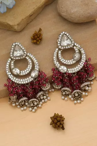 magenta kundan beaded statement dangle earrings