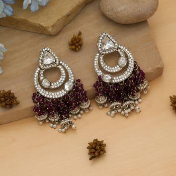 purple kundan beaded statement dangle earrings 2