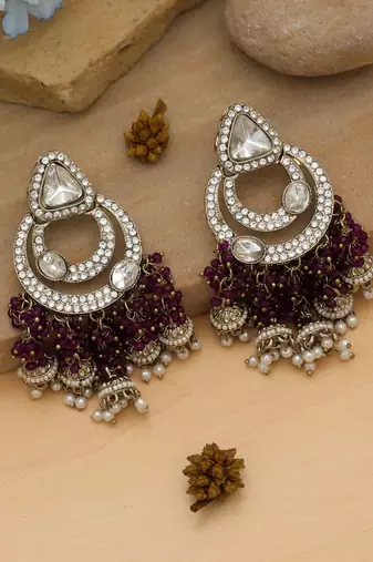 purple kundan beaded statement dangle earrings