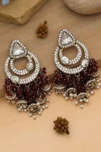 maroon kundan beaded statement dangle earrings
