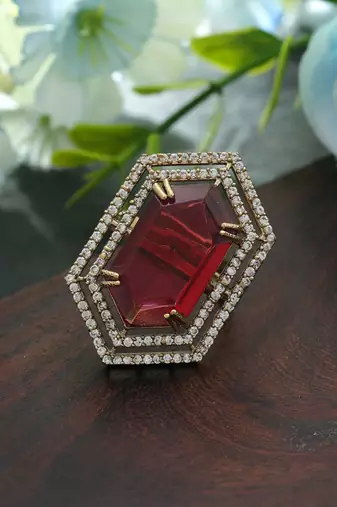 red american diamond statement ring in mehandi gold
