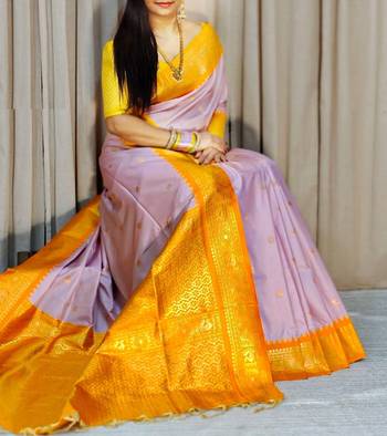 lavender kanjivaram art silk saree with copper zari weaves 1