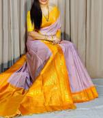 lavender kanjivaram art silk saree with copper zari weaves