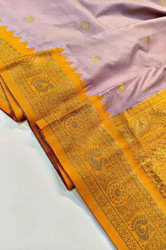 lavender kanjivaram art silk saree with copper zari weaves