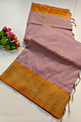 lavender kanjivaram art silk saree with copper zari weaves