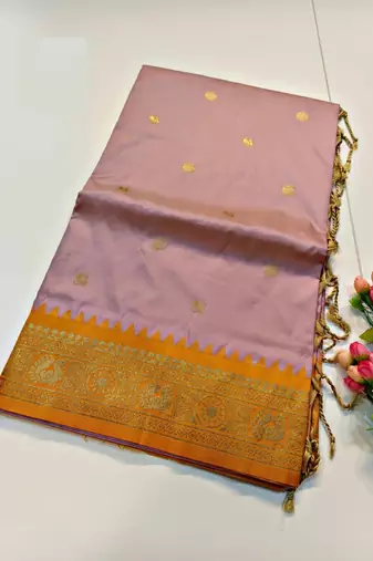 lavender kanjivaram art silk saree with copper zari weaves