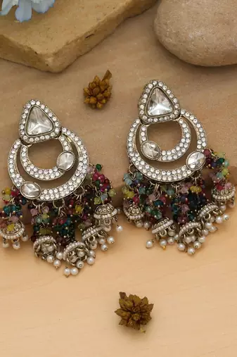 multi color kundan dangle earrings with beaded drops