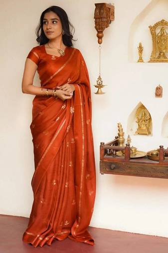 Orange Color jacquard leaf  figure Work Khadi Silk Saree