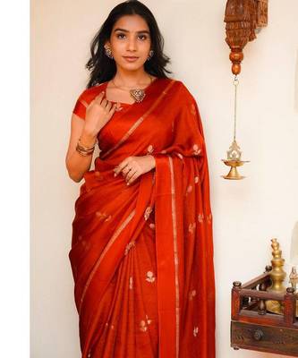orange khadi art silk saree with jacquard leaf design 2