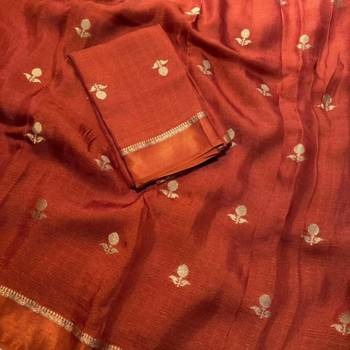 orange khadi art silk saree with jacquard leaf design 3