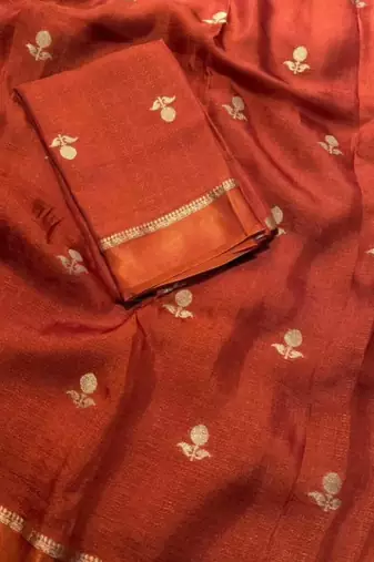 orange khadi art silk saree with jacquard leaf design